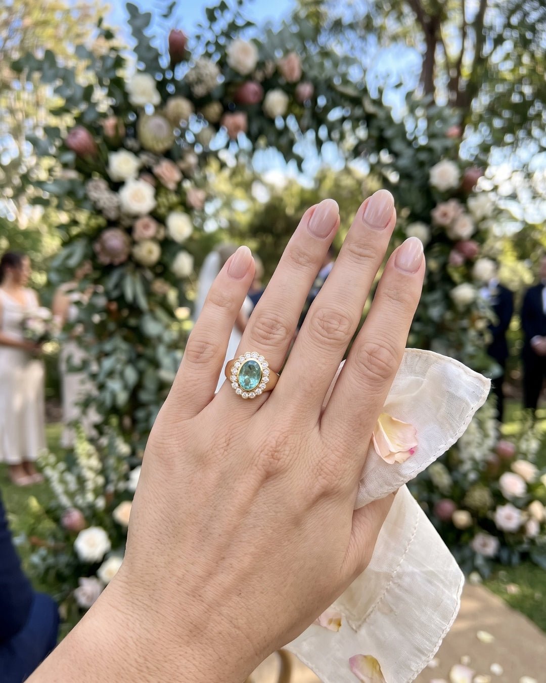 Amelia - Oval Sea Green Scalloped Halo with Signet Band Ring - Moissanite Engagement Rings