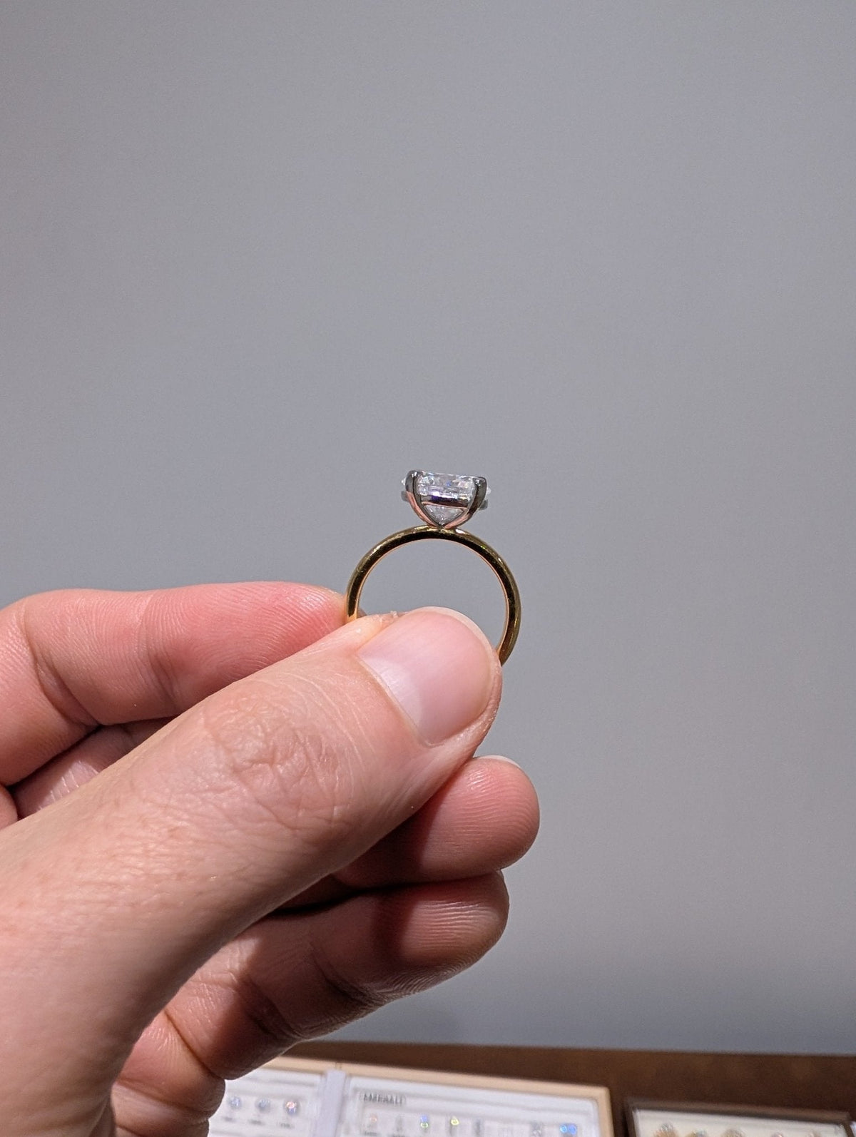 2ct East West Oval 18k Yellow Gold | Platinum Claws | Size L 1/2 | 2mm band - Moissanite Engagement Rings