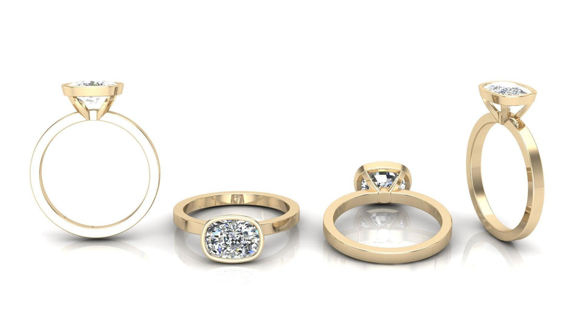 East West Bezel Cushion Solitaire Diamond Engagement Ring - Moissanite Engagement Rings