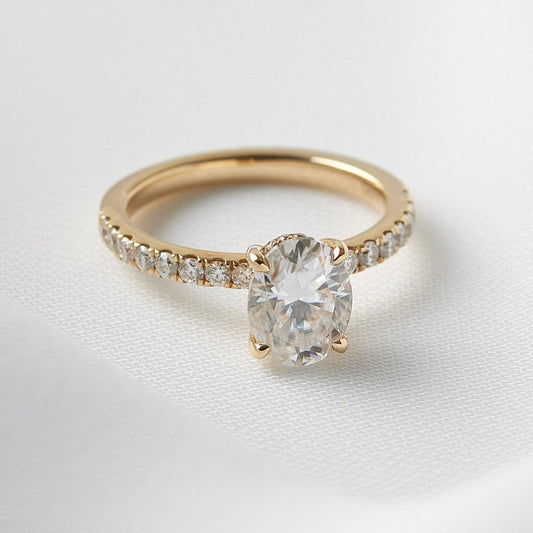 Oval Half Pavè Hidden Halo Diamond Engagement Ring - Moissanite Engagement Rings