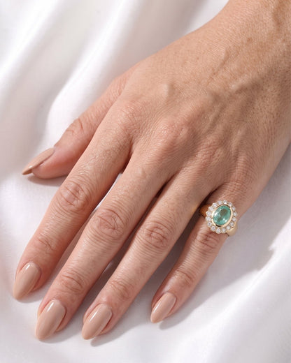 Amelia - Oval Sea Green Scalloped Halo with Signet Band Ring - Moissanite Engagement Rings