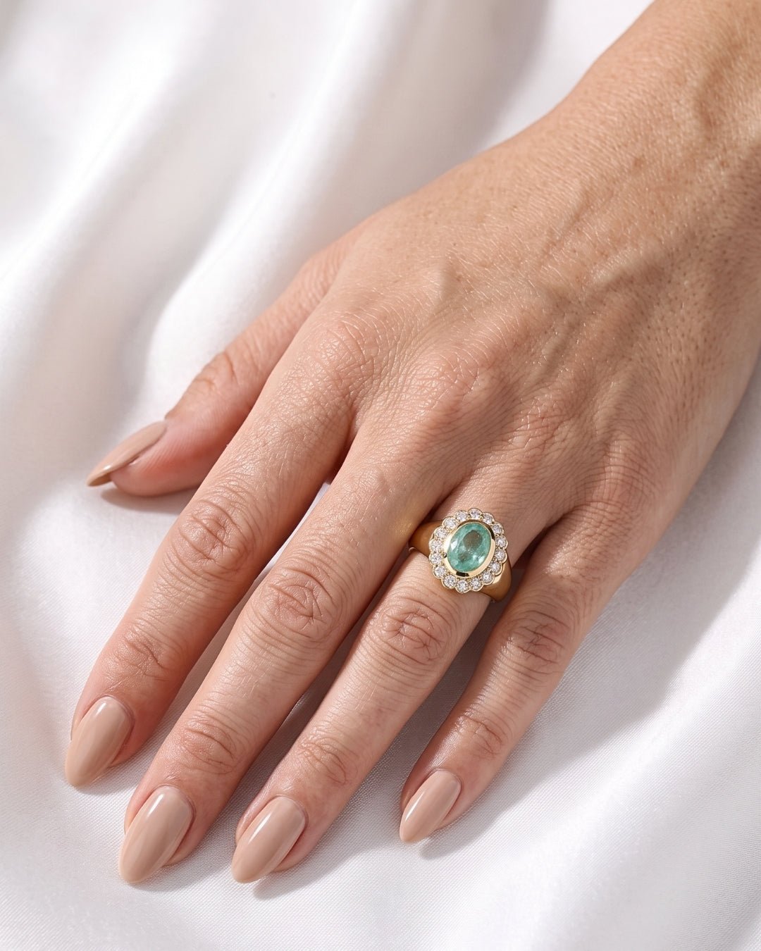 Amelia - Oval Sea Green Scalloped Halo with Signet Band Ring - Moissanite Engagement Rings