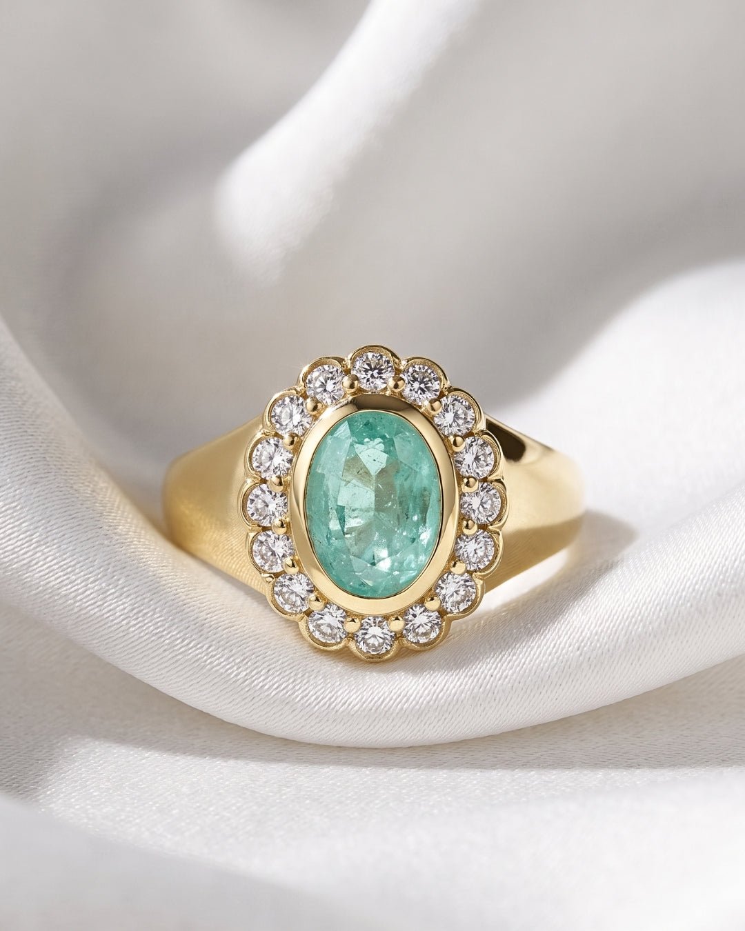 Amelia - Oval Sea Green Scalloped Halo with Signet Band Ring - Moissanite Engagement Rings