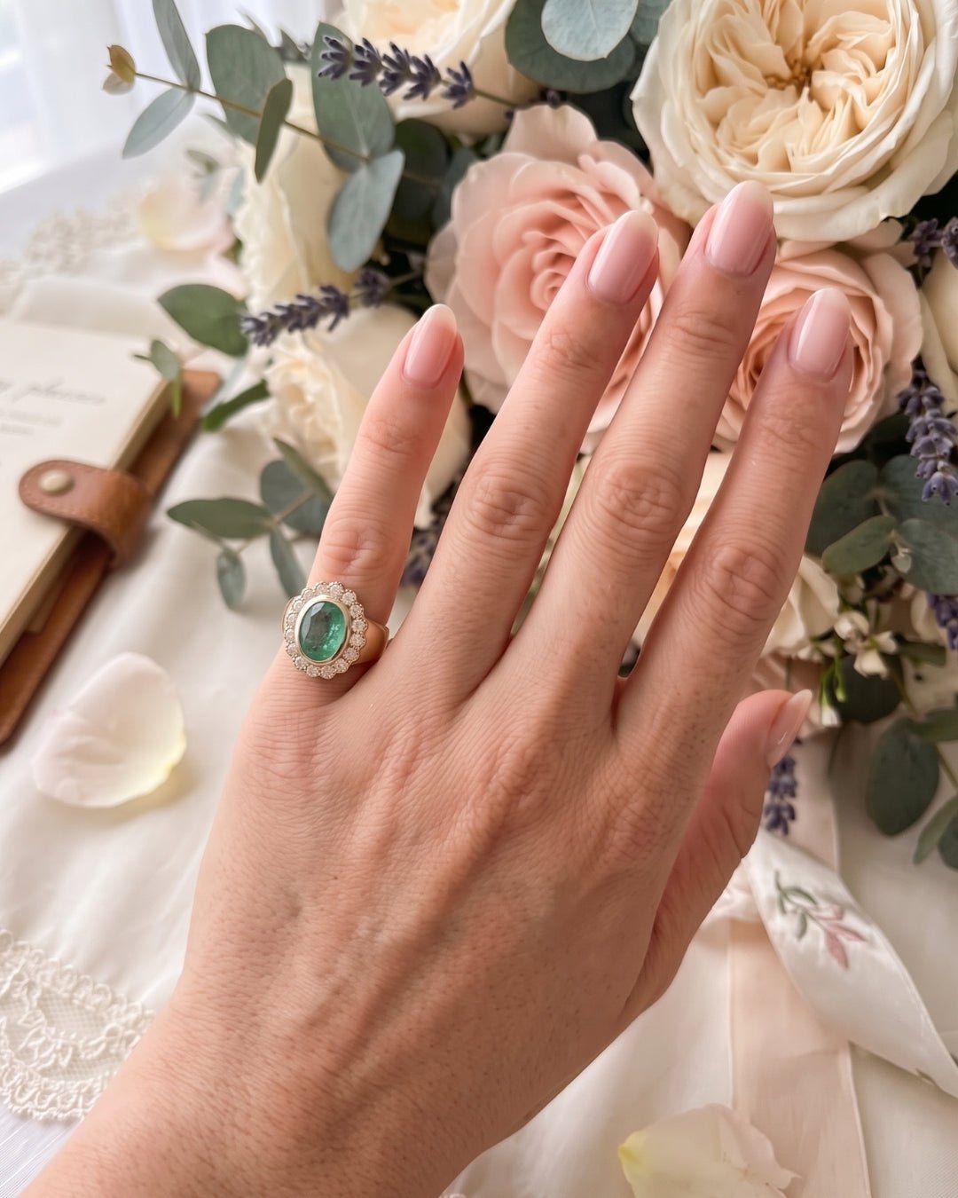 Amelia - Oval Sea Green Scalloped Halo with Signet Band Ring - Moissanite Engagement Rings
