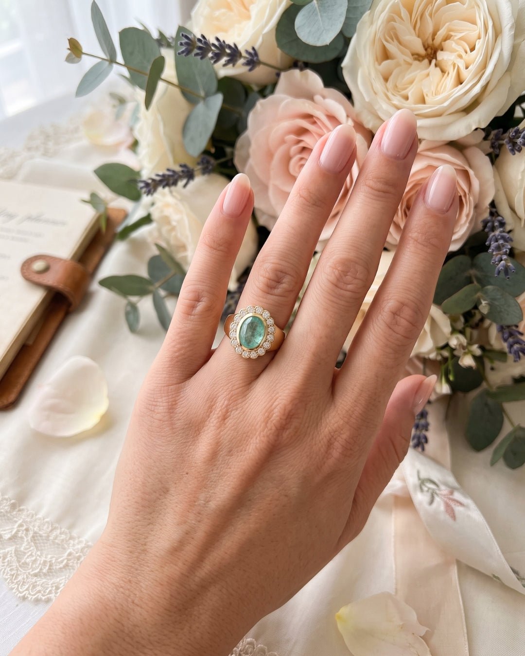 Amelia - Oval Sea Green Scalloped Halo with Signet Band Ring - Moissanite Engagement Rings