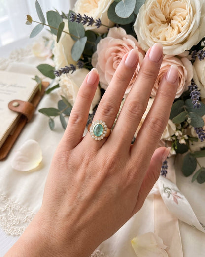 Amelia - Oval Sea Green Scalloped Halo with Signet Band Ring - Moissanite Engagement Rings