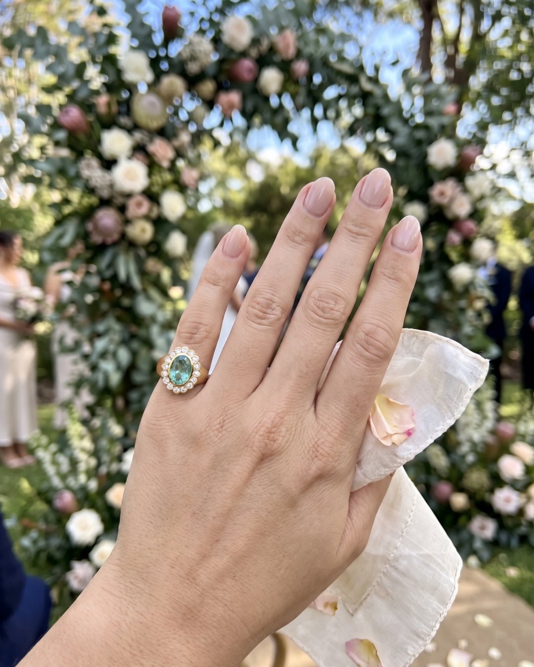 Amelia - Oval Sea Green Scalloped Halo with Signet Band Ring - Moissanite Engagement Rings