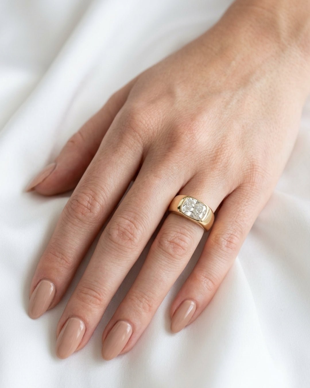 Cecilia - Elongated Radiant Burnished with Signet Band Ring - Moissanite Engagement Rings