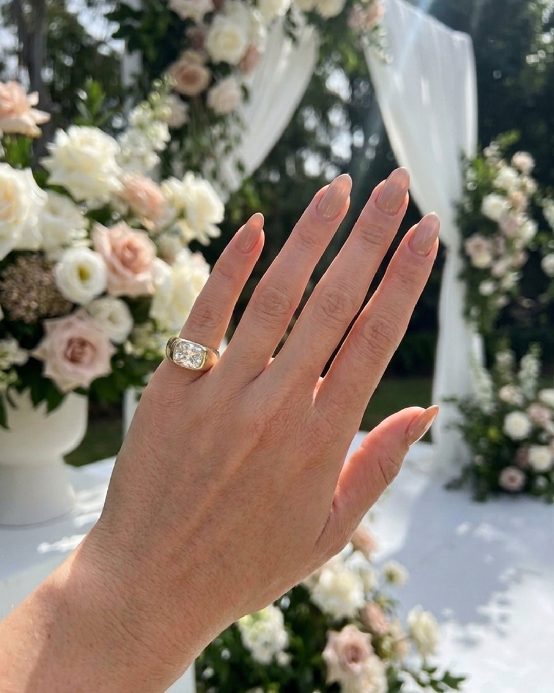 Cecilia - Elongated Radiant Burnished with Signet Band Ring - Moissanite Engagement Rings
