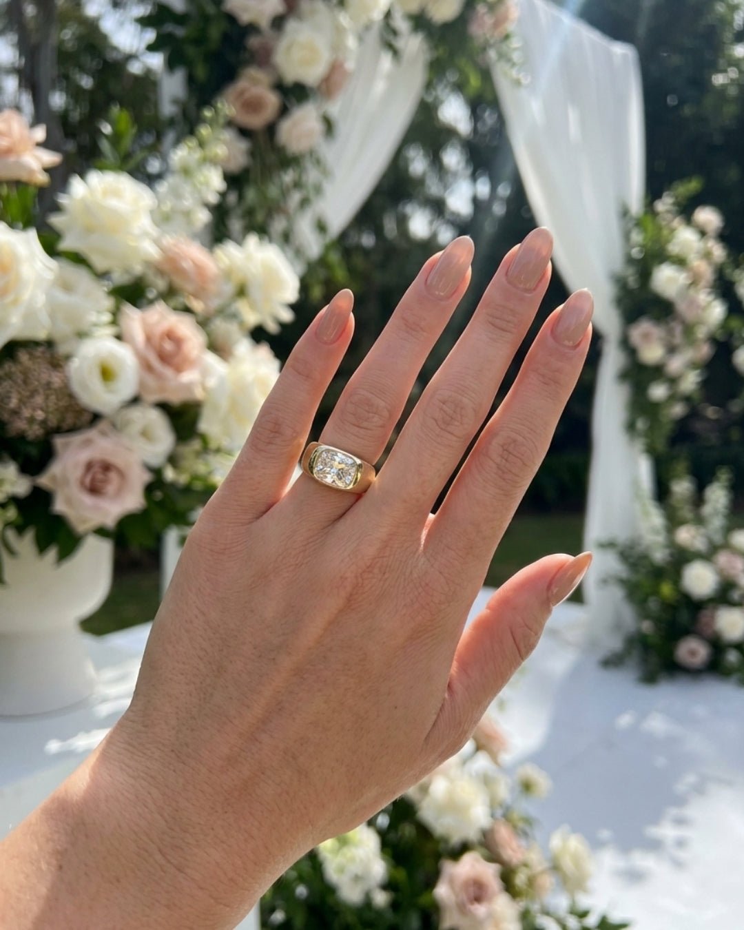 Cecilia - Elongated Radiant Burnished with Signet Band Ring - Moissanite Engagement Rings