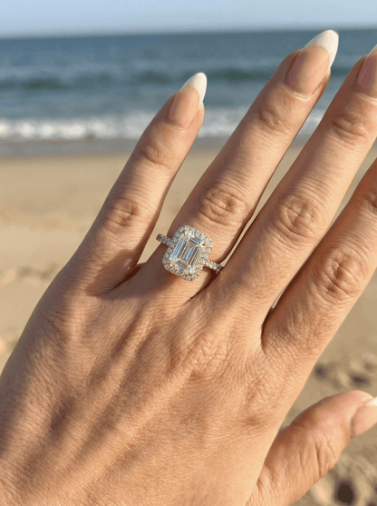 Emerald Halo Half Pavé Diamond Engagement Ring - Moissanite Engagement Rings