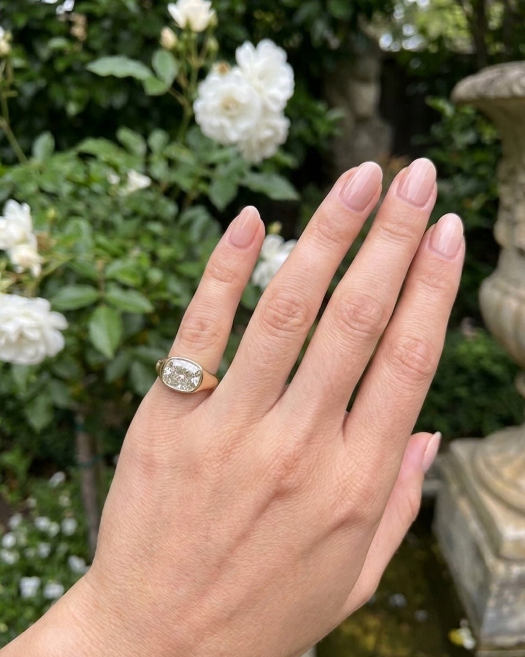 Freya: Elongated Cushion East West Bezel Solitaire with Signet Band Ring - Moissanite Engagement Rings