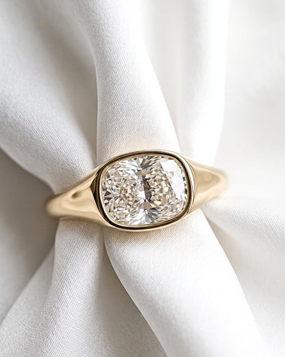 Freya: Elongated Cushion East West Bezel Solitaire with Signet Band Ring - Moissanite Engagement Rings