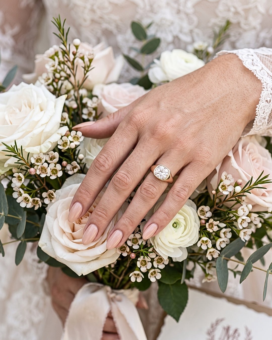 Freya: Elongated Cushion East West Bezel Solitaire with Signet Band Ring - Moissanite Engagement Rings