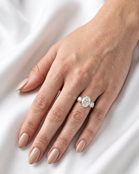 Iris - Oval Trilogy Round Setting Diamond Engagement Ring - Moissanite Engagement Rings
