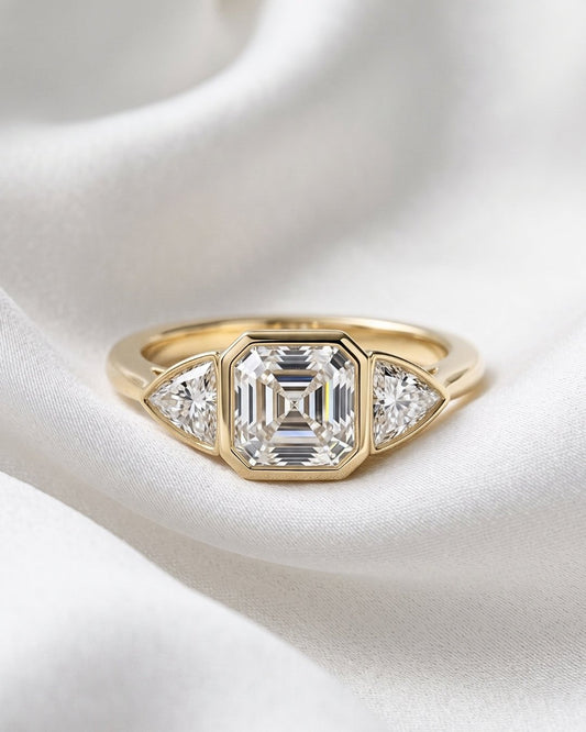 Margot - Asscher Trilogy Diamond Engagement Ring - Moissanite Engagement Rings
