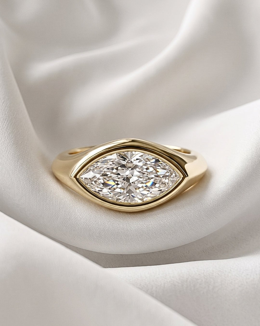 Rhea - Marquise East West Bezel Solitaire with Signet Band Ring - Moissanite Engagement Rings