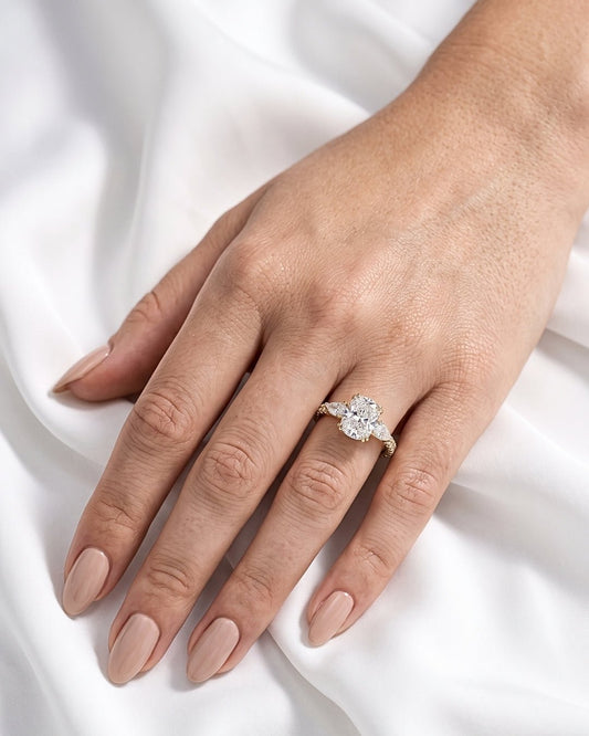 Seraphina - Elongated Cushion Pear Setting 2/3 Pavé Diamond Engagement Ring - Moissanite Engagement Rings