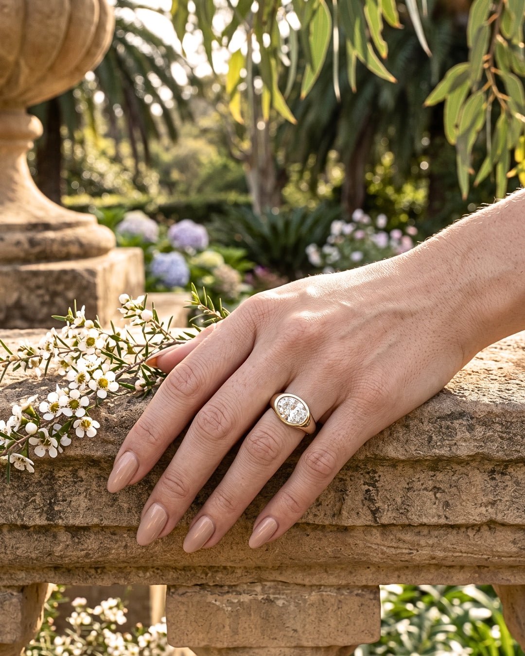 Trina - Oval East West Bezel Solitaire with Signet Band Ring - Moissanite Engagement Rings