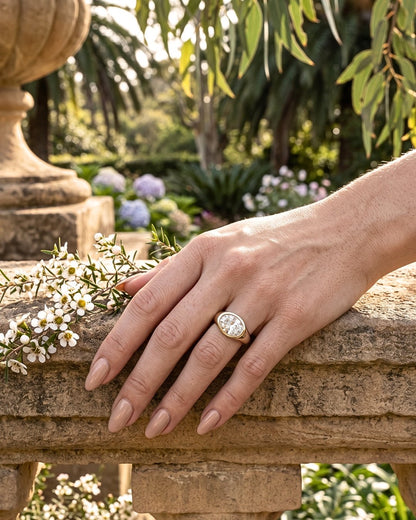 Trina - Oval East West Bezel Solitaire with Signet Band Ring - Moissanite Engagement Rings
