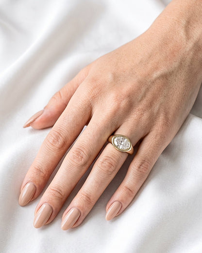 Trina - Oval East West Bezel Solitaire with Signet Band Ring - Moissanite Engagement Rings