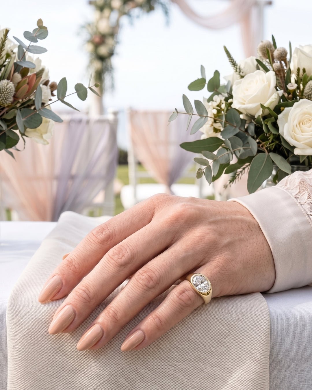 Trina - Oval East West Bezel Solitaire with Signet Band Ring - Moissanite Engagement Rings