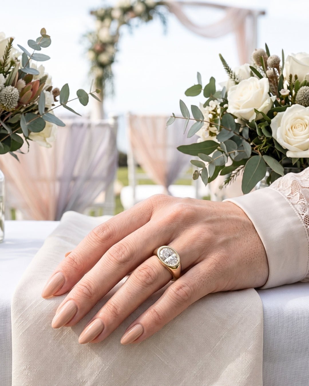 Trina - Oval East West Bezel Solitaire with Signet Band Ring - Moissanite Engagement Rings