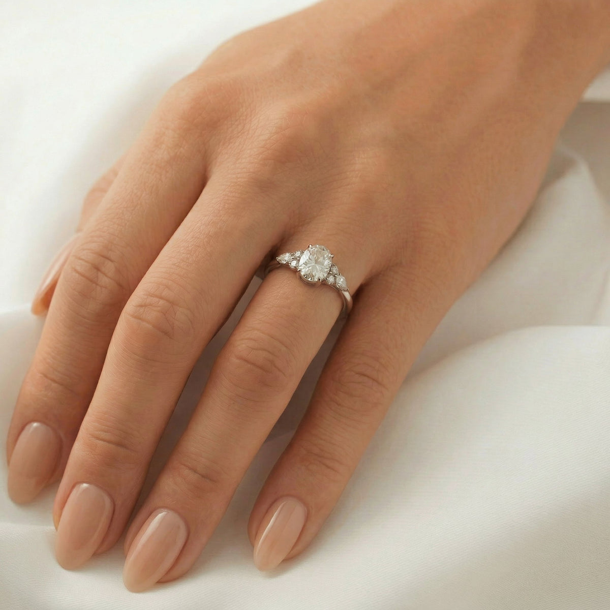 Oval Trio Accent Stones Diamond Engagement Ring - Moissanite Engagement Rings