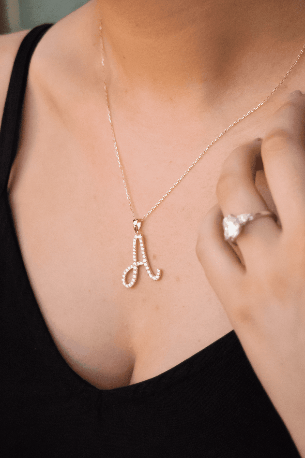 Diamond Lettered Necklace - Moissanite Engagement Rings