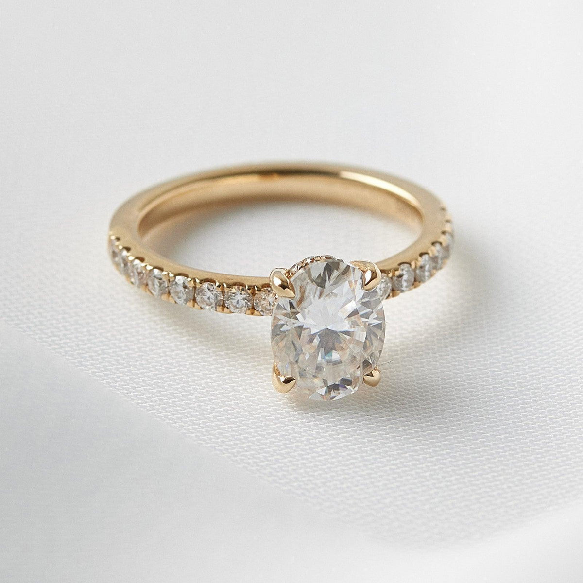 Oval Half Pavè Hidden Halo Diamond Engagement Ring - Moissanite Engagement Rings