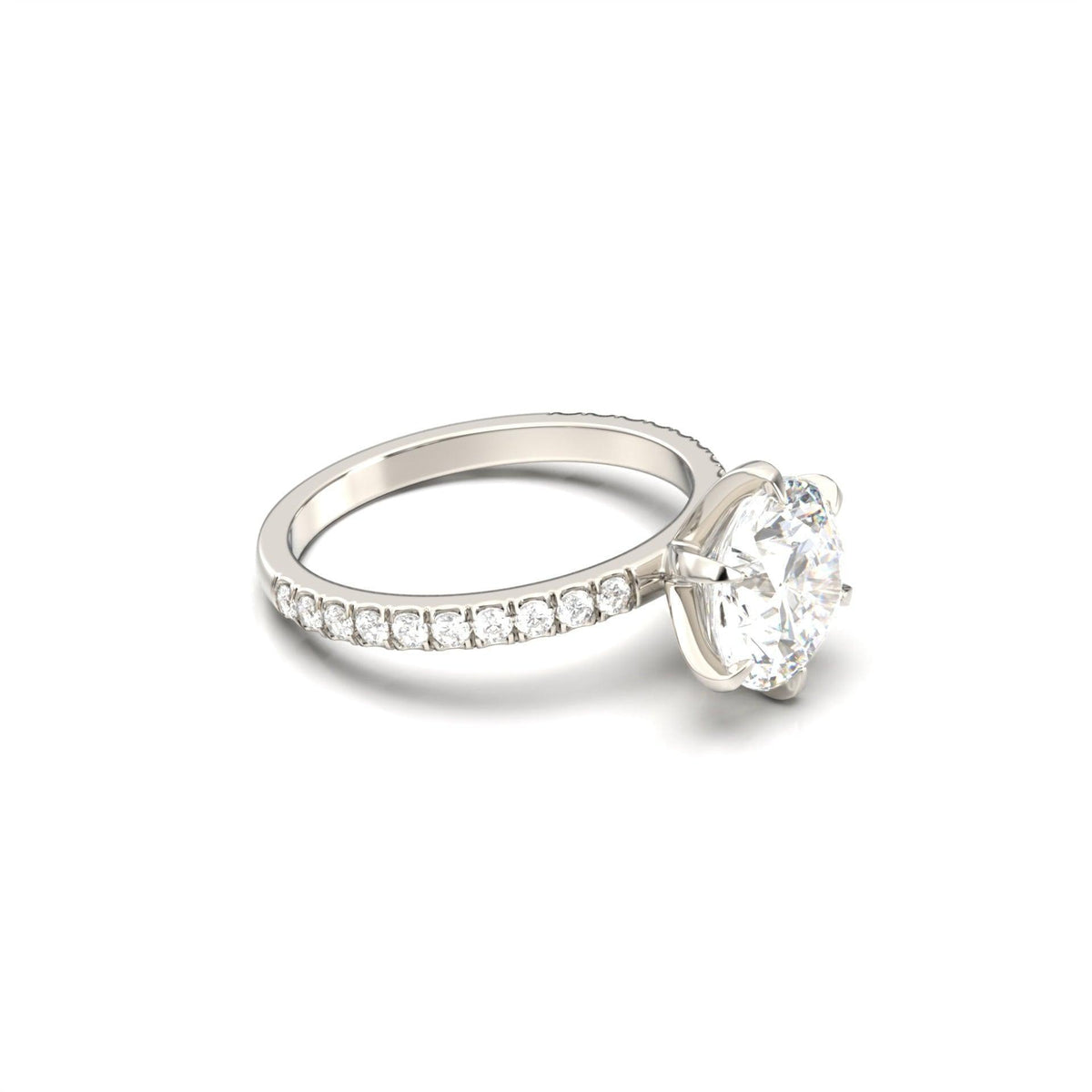 Round Solitaire 6 Claw Half Pavé Moissanite Ring - Moissanite Engagement Rings