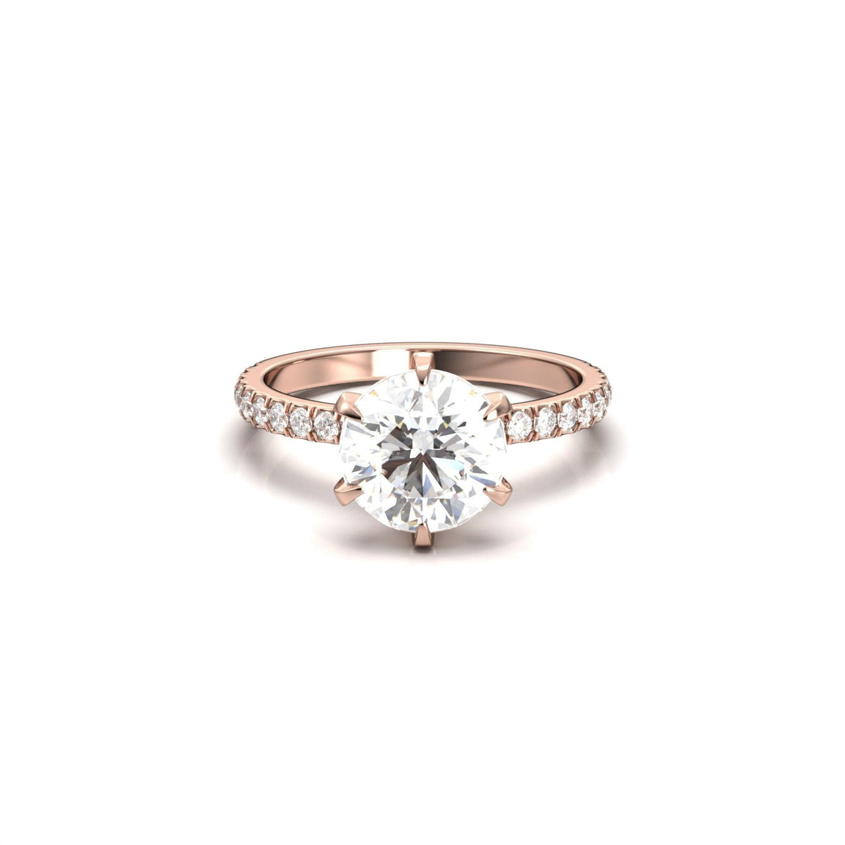 Round Solitaire 6 Claw Half Pavé Moissanite Ring - Moissanite Engagement Rings