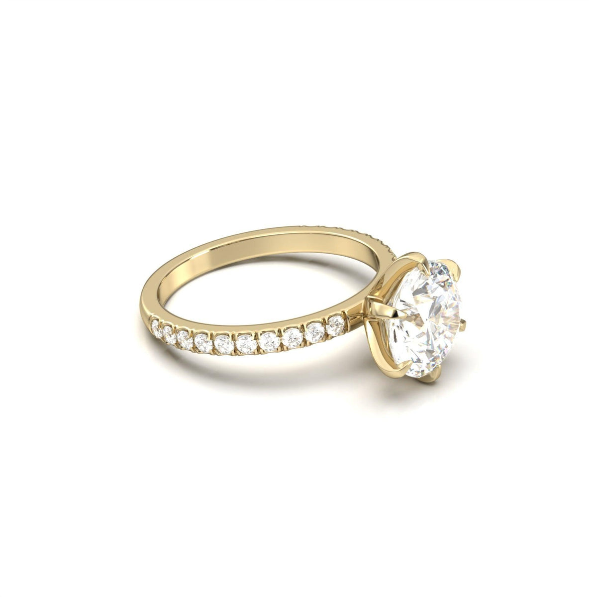 Round Solitaire 6 Claw Half Pavé Moissanite Ring - Moissanite Engagement Rings