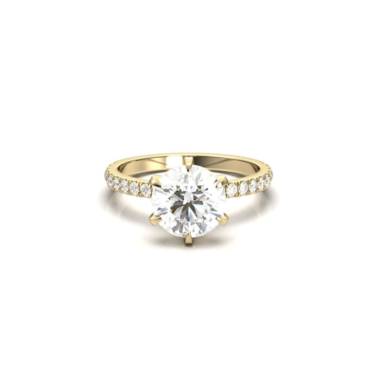 Round Solitaire 6 Claw Half Pavé Moissanite Ring - Moissanite Engagement Rings